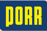 Yellow PORR logo text on a dark blue rounded rectangular background