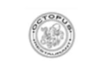 Octopus restaurant circular stamp logo in grayscale with octopus illustration in center