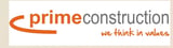 Prime Construction logo with orange curved design and we think in values tagline
